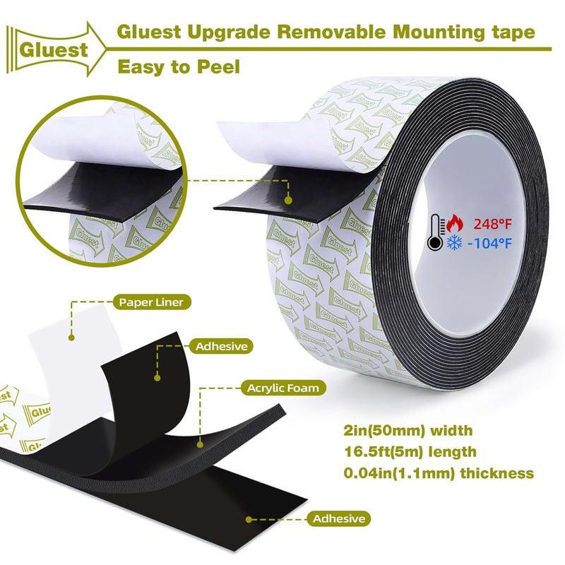 Gluest Double Sided Mounting Tape 2IN x 16.5FT, Strong Double Sided Tape Heavy Duty Black Wall Tape No Damage Foam Tape Adhesive Strips Poster Picture Hanging Tape Damage Free Hanging Strips - Image 2